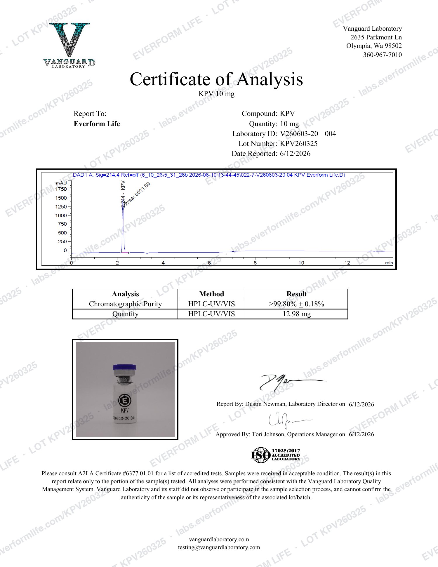 Purity and quantity report for lot KPV260325, page 1 of 1