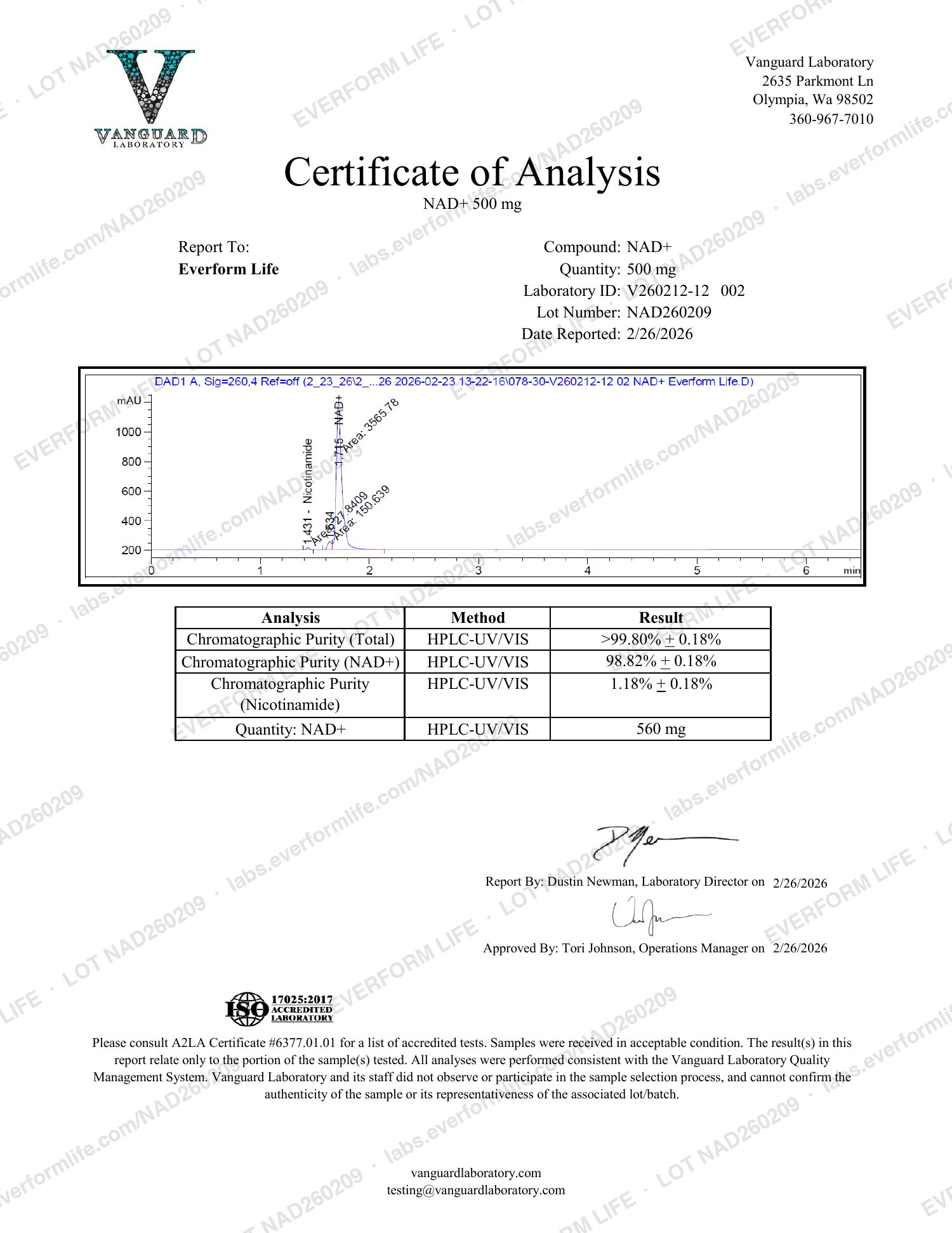 Purity and quantity report for lot NAD260209, page 1 of 1