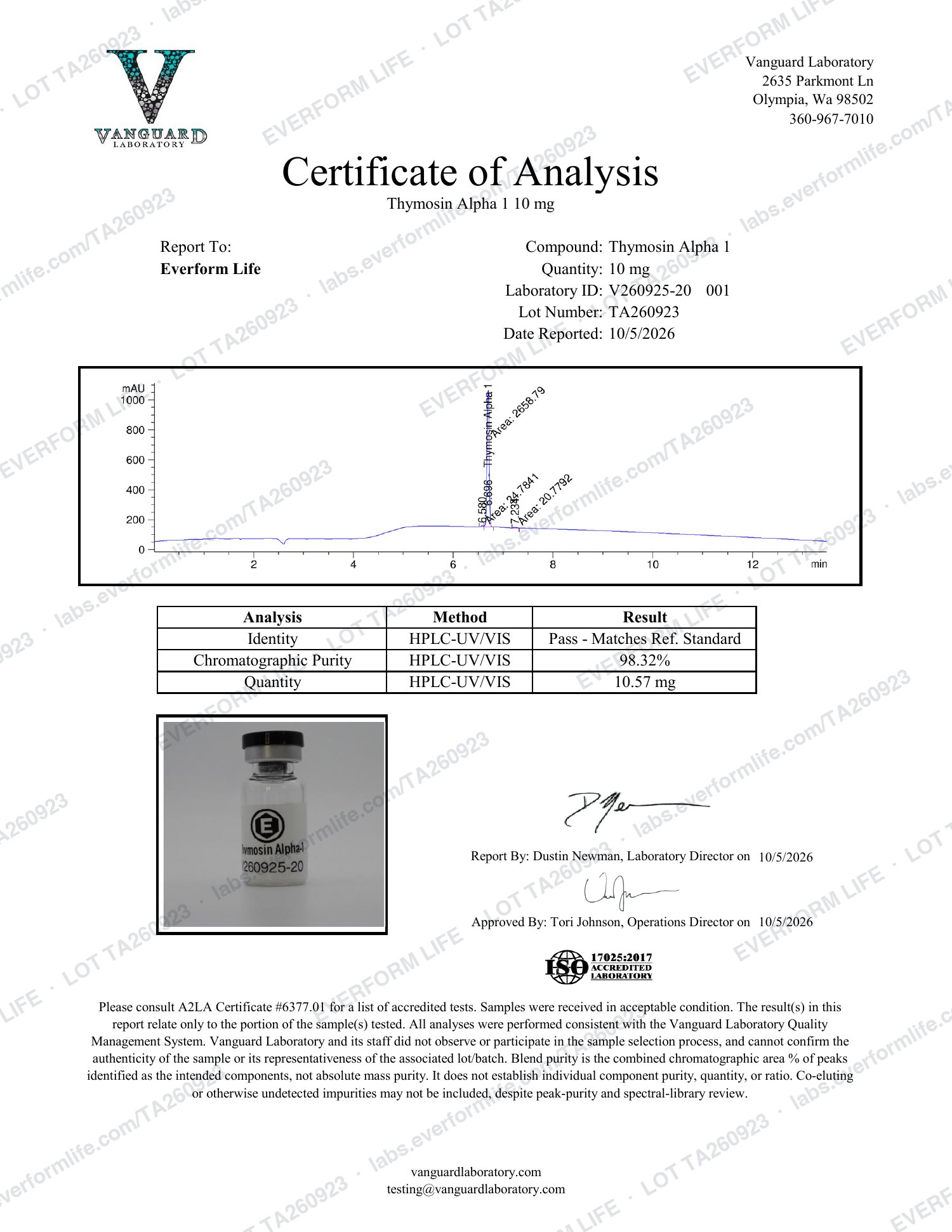 Purity and quantity report for lot TA260923, page 1 of 1