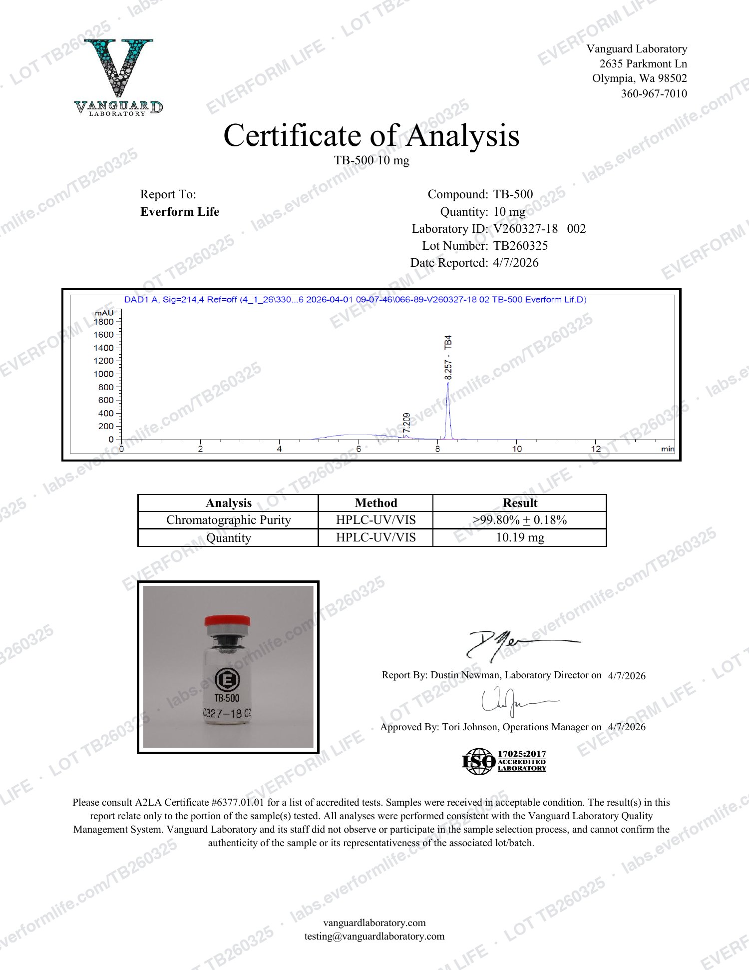 Purity and quantity report for lot TB260325, page 1 of 1