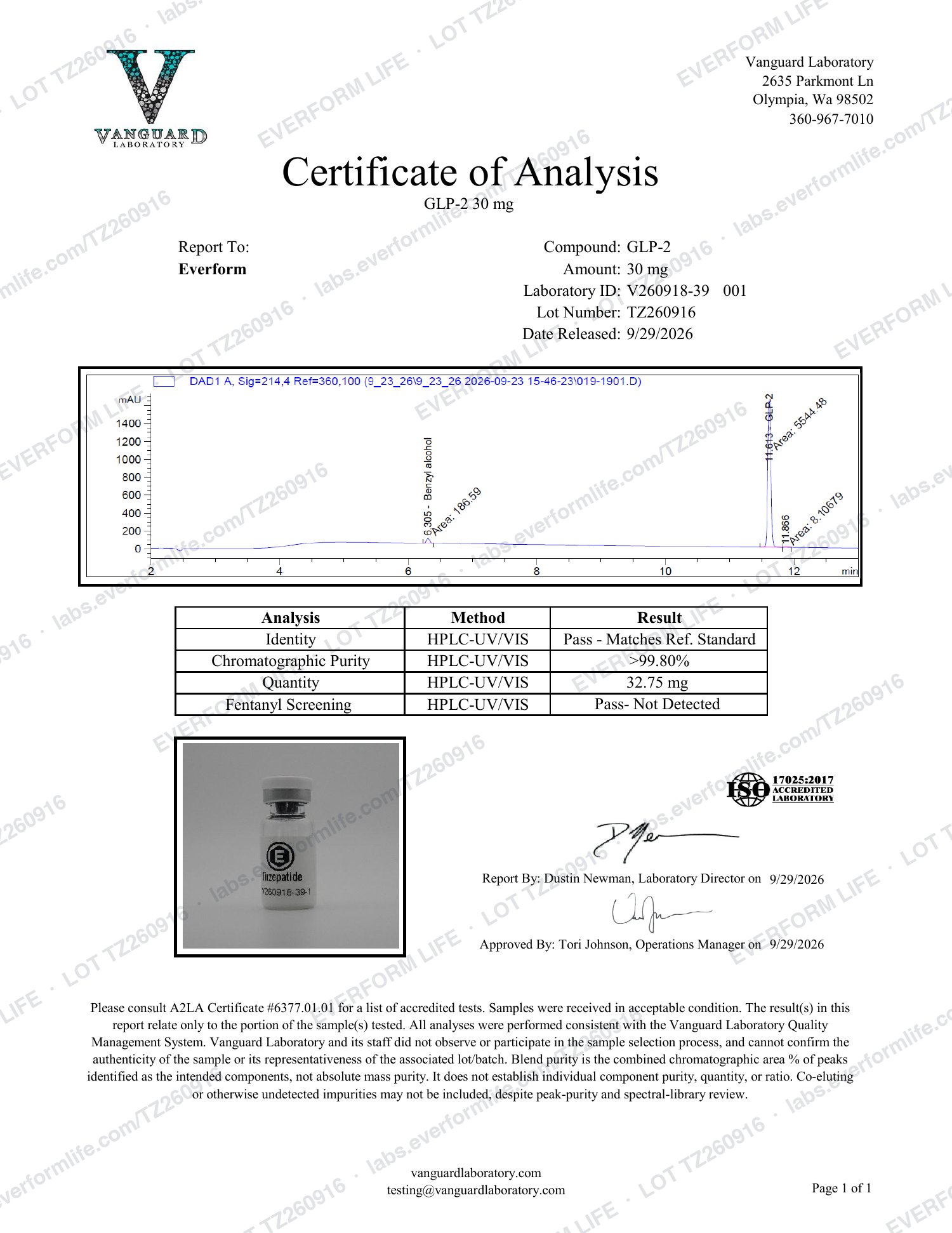 Purity and quantity report for lot TZ260916, page 1 of 1